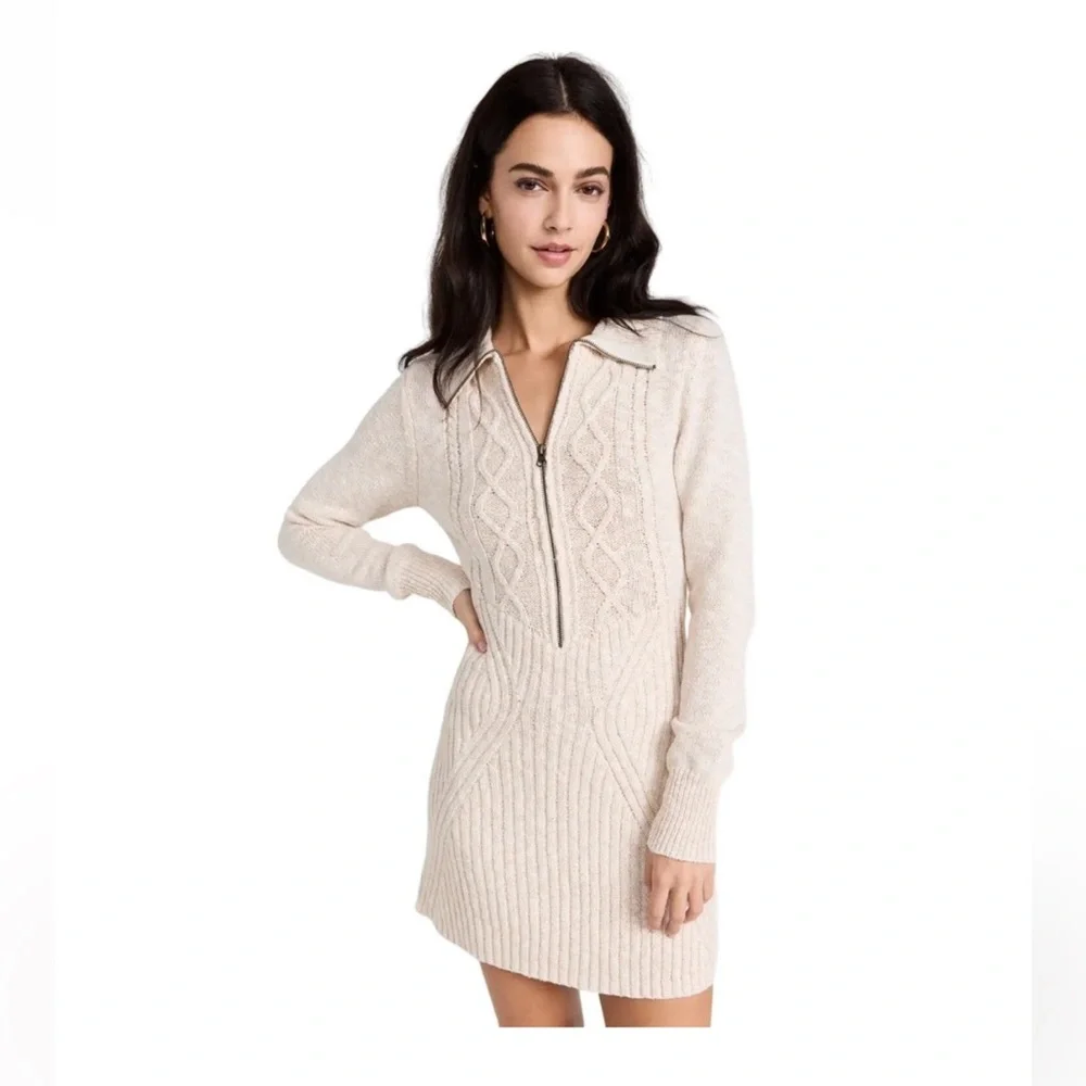 Free People Women's Tan Knitted Zip Up Bodycon Mont Blanc Mini Sweater Dress - M - Picture 1 of 8